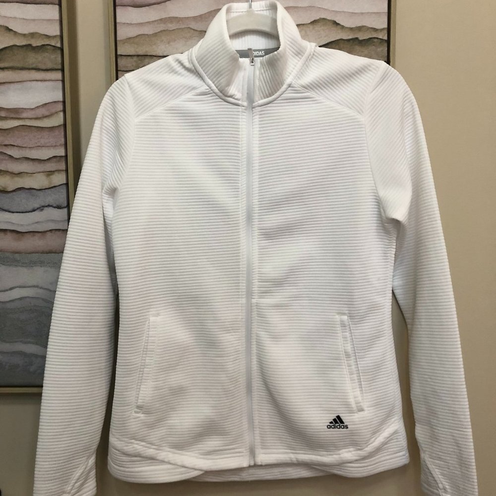 Adidas Golf Athletic Textured Jacket Full Zip White w/Thumbhole Sleeves